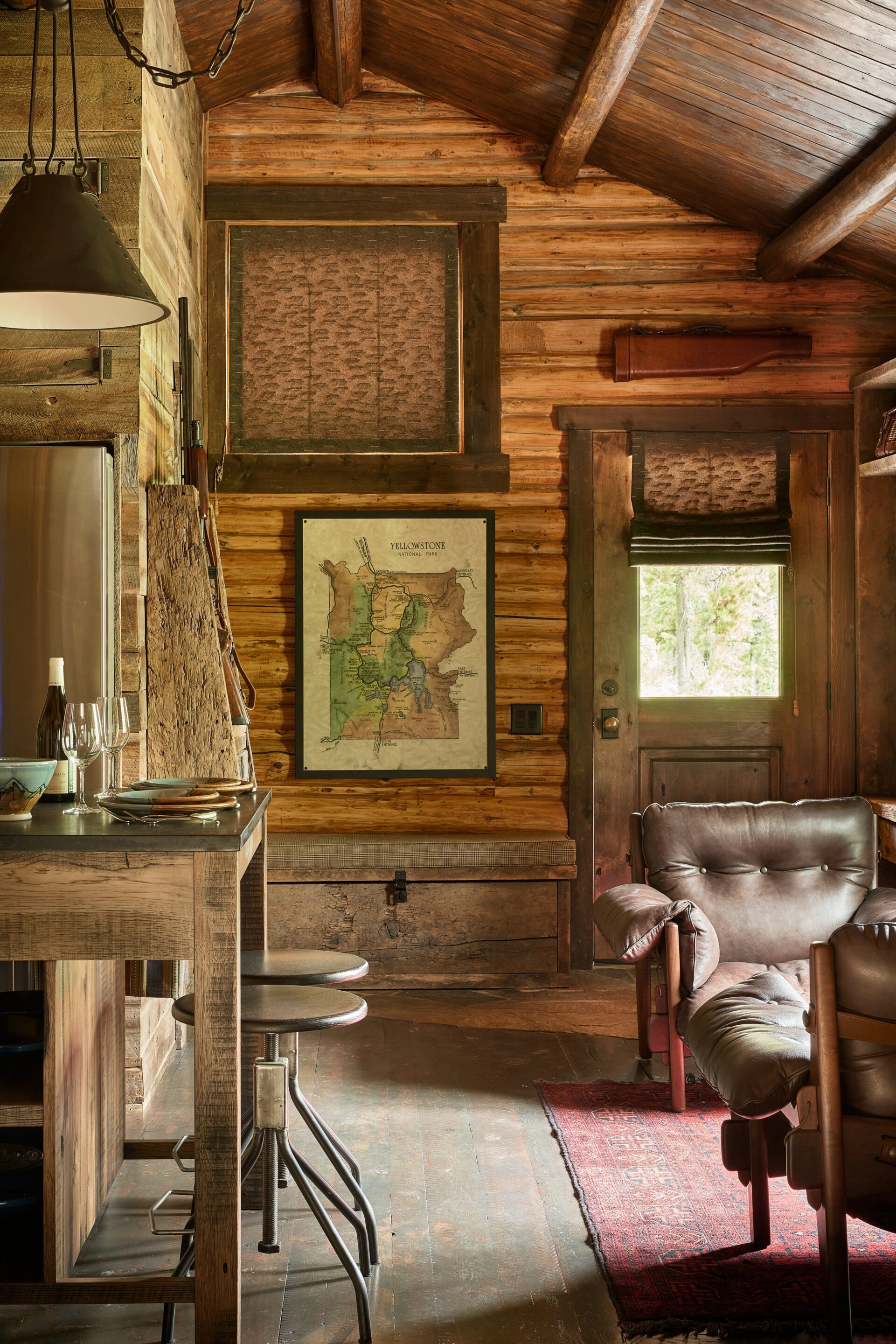 Showing detail of the wood walls and wood furniture in custom home