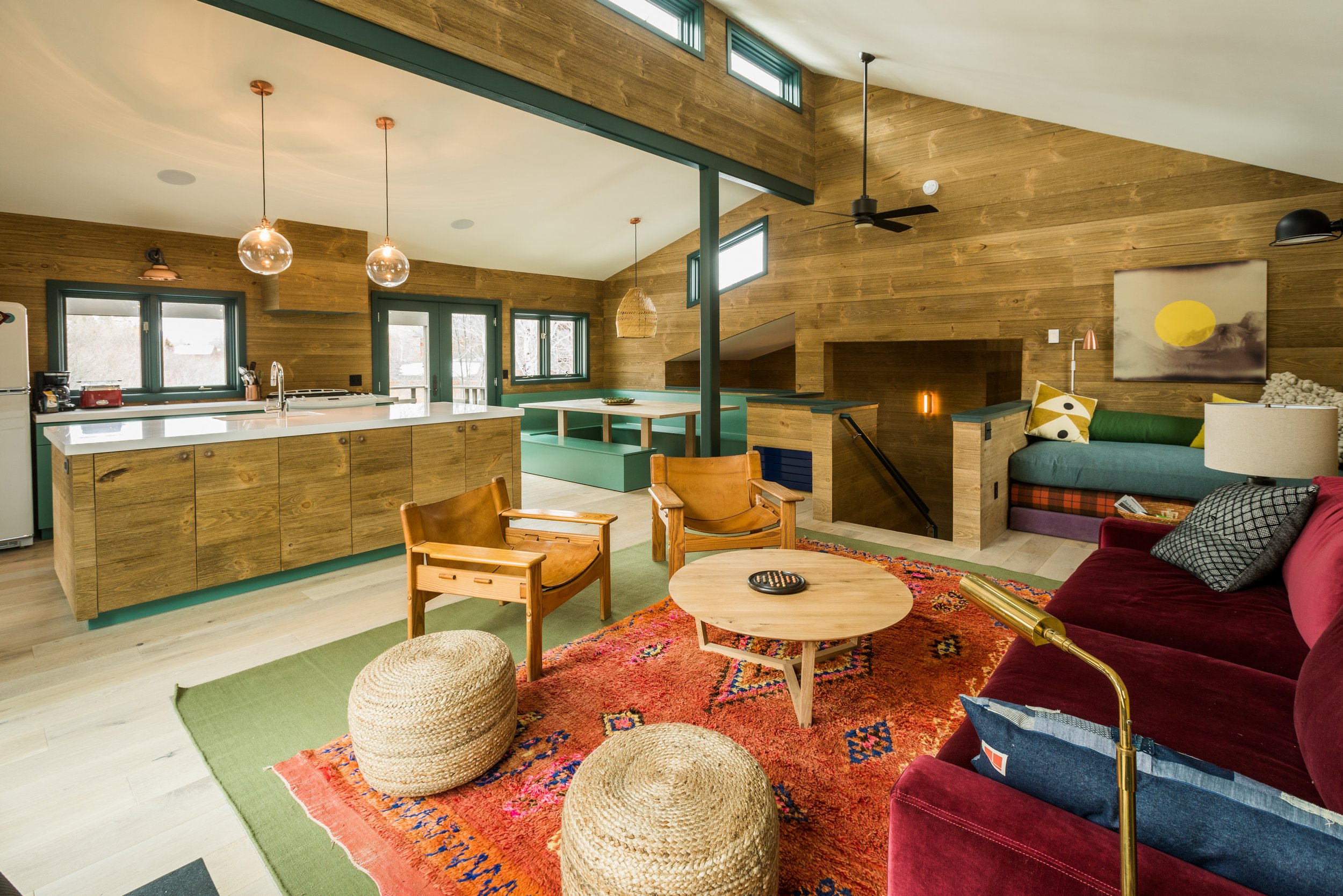 Kitchen and living room in custom built mountain retreat 